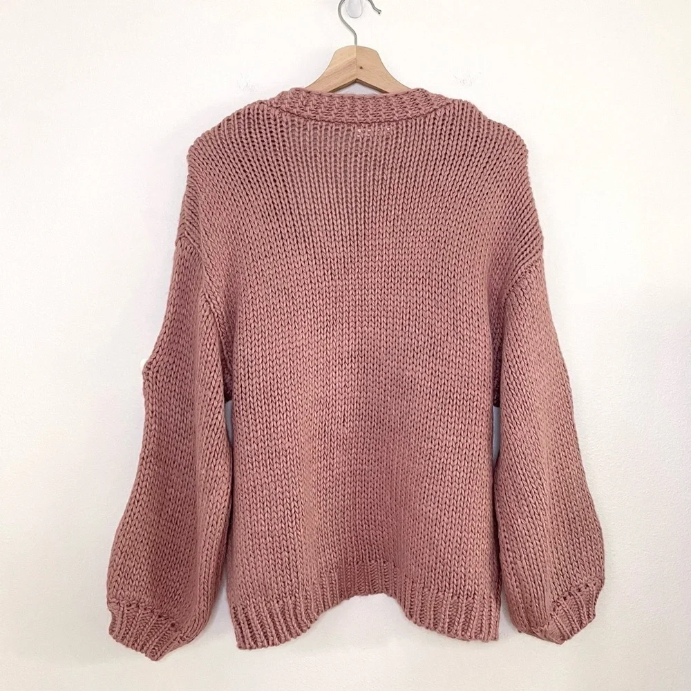Baevely Daisy Cardigan Open Front Bubble Sleeve Floral Sweater Dusty Mauve Small